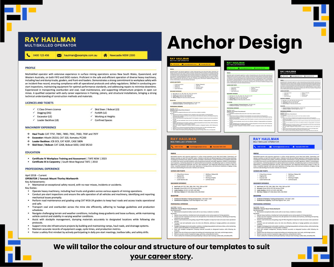Anchor Design resume template with multiple colour variations.