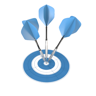 Bullseye target with multiple arrows hitting the mark, symbolising career success and precision.