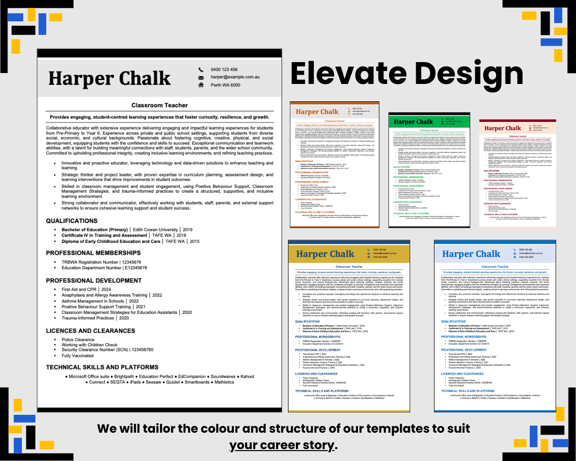 Elevate Design resume template with multiple colour variations.