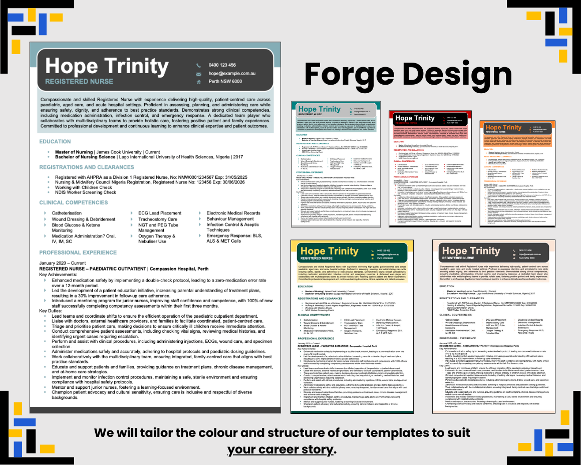 Forge Design resume template with multiple colour variations.