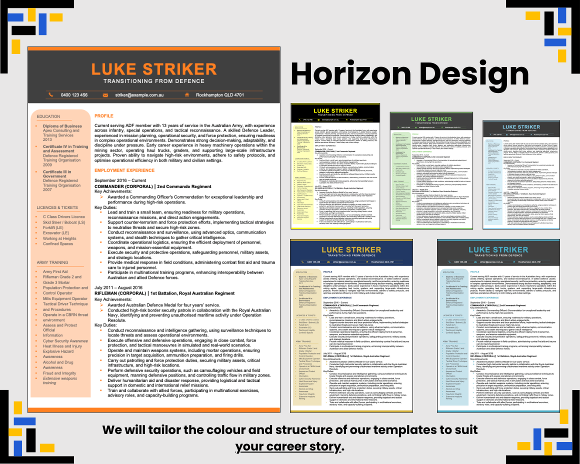 Horizon Design resume template with multiple colour variations.