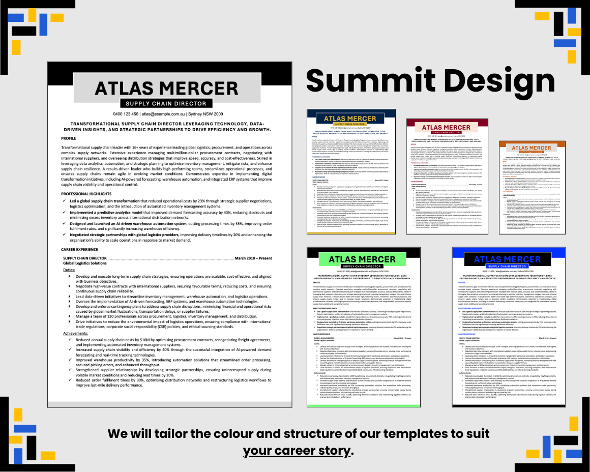 Summit Design resume template with multiple colour variations.