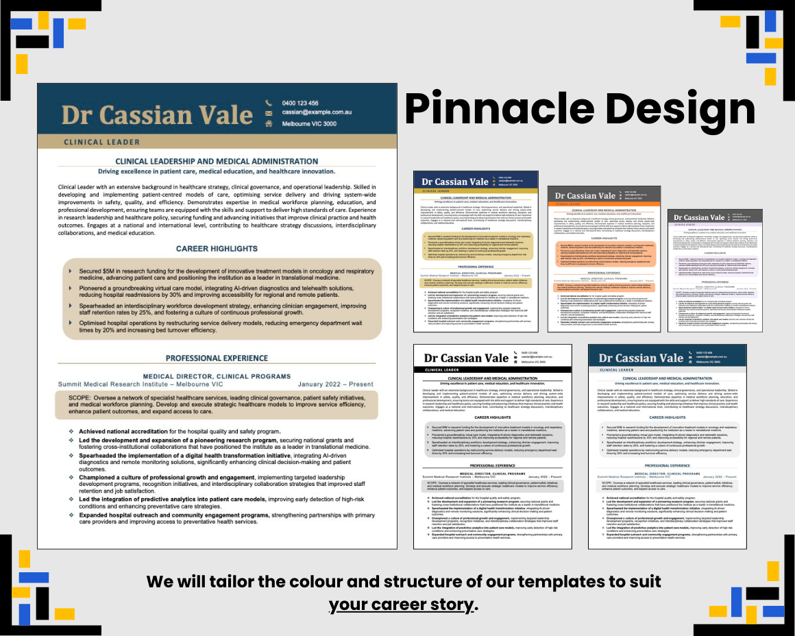 Pinnacle Design resume template with multiple colour variations.