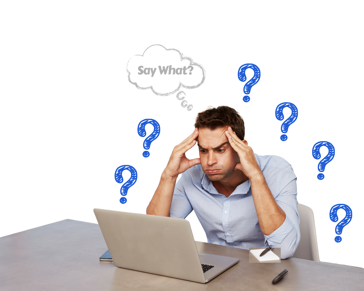 Frustrated man holding his head while staring at a laptop, surrounded by question marks and a thought bubble — representing confusion over writing selection criteria.